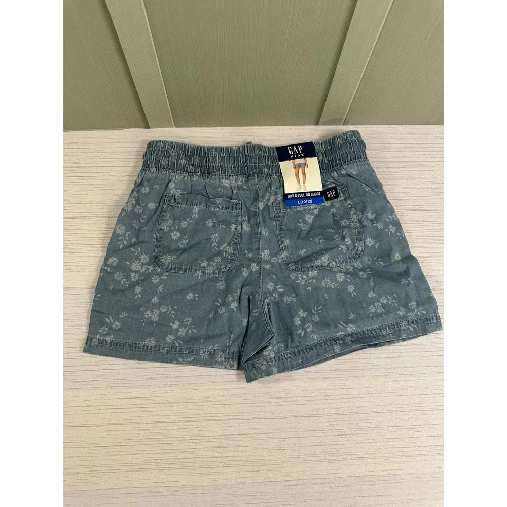 Gap Kids Girls Large 10/12 Floral Pull On Shorts Blue Cotton Smocked Waist